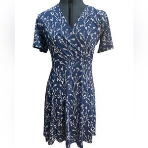 41 Hawthorne Elisse Knit Surplice Dress Navy White Floral Flutter Sleeves Wrap S